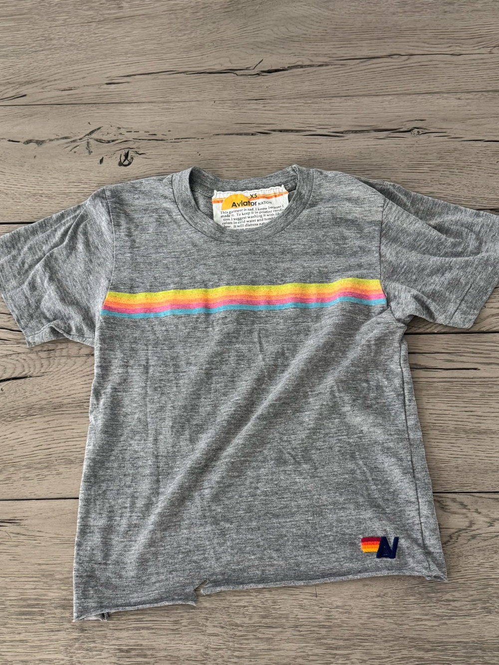Aviator Nation Gray Tee with Rainbow Chest Stripe